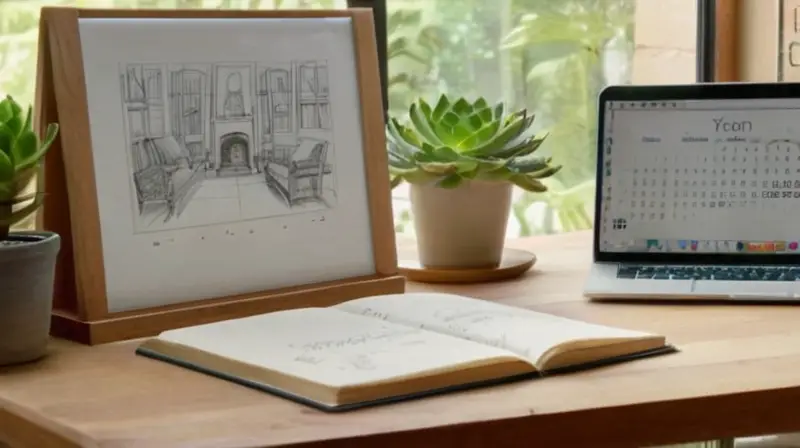 Escritorio organizado con planos y luz natural
