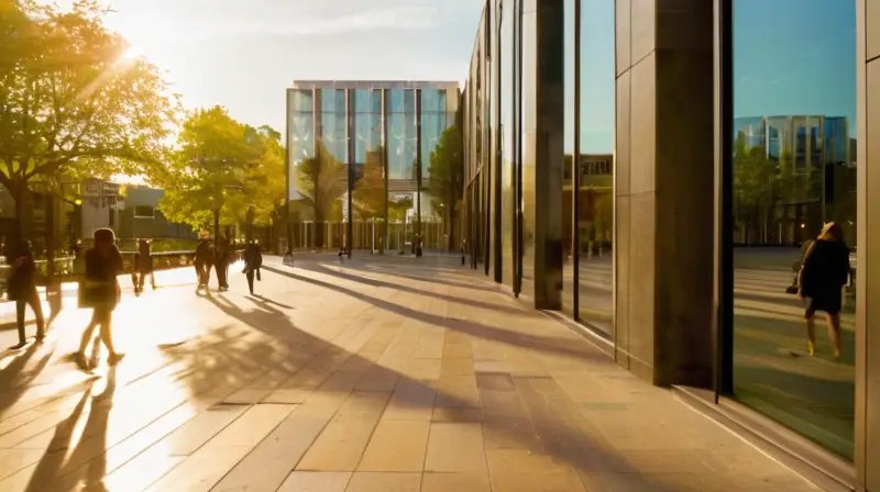 Ciudad moderna con naturaleza y vida vibrante