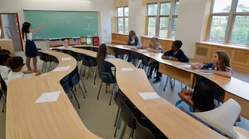 Aula moderna con estudiantes y tecnología innovadora