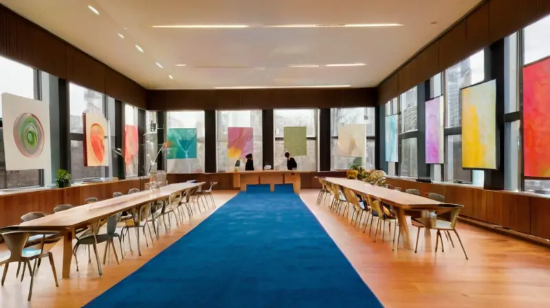 Sala iluminada con diseños y jueces concentrados