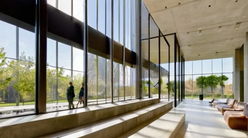 Arquitectura moderna integrada con naturaleza y arte