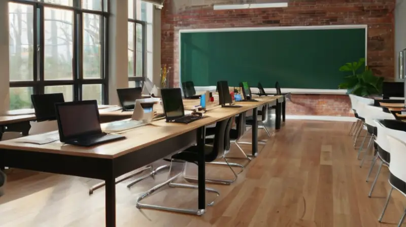 Aula luminosa, moderna y creativa con estudiantes